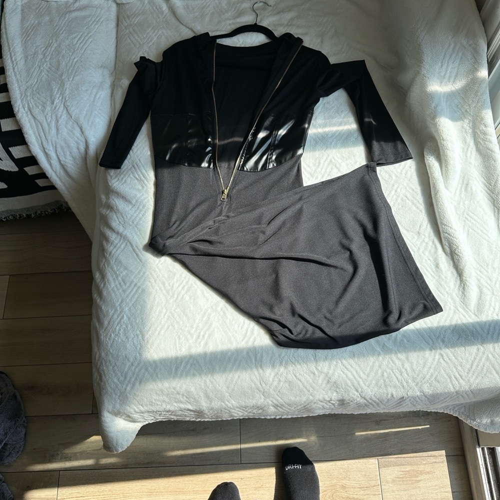 Black Dress with Faux Leather Detail
